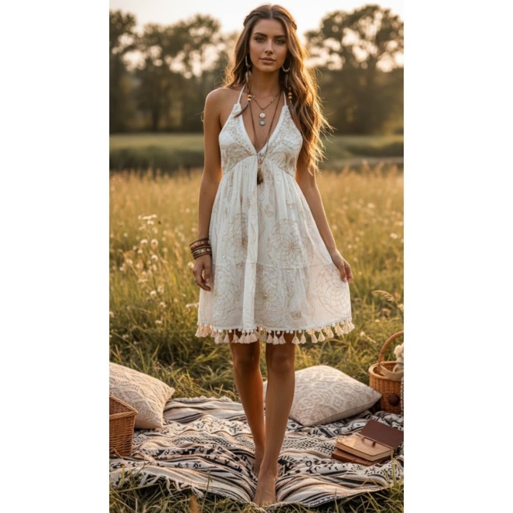 Antica Sartoria Dress white gold One Size Boho ecru tie top sexy glam resort